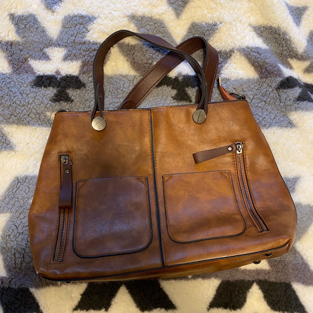 Zipper Tote Bag, Women's Trendy‎ Brown Faux Leather Handbag.